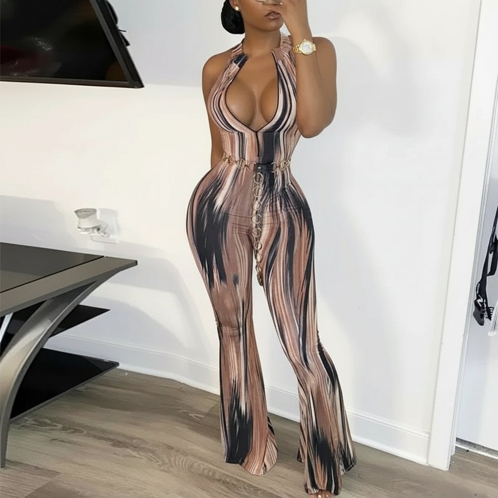 Halter Neck Zipper Graphic Printed Jumpsuits