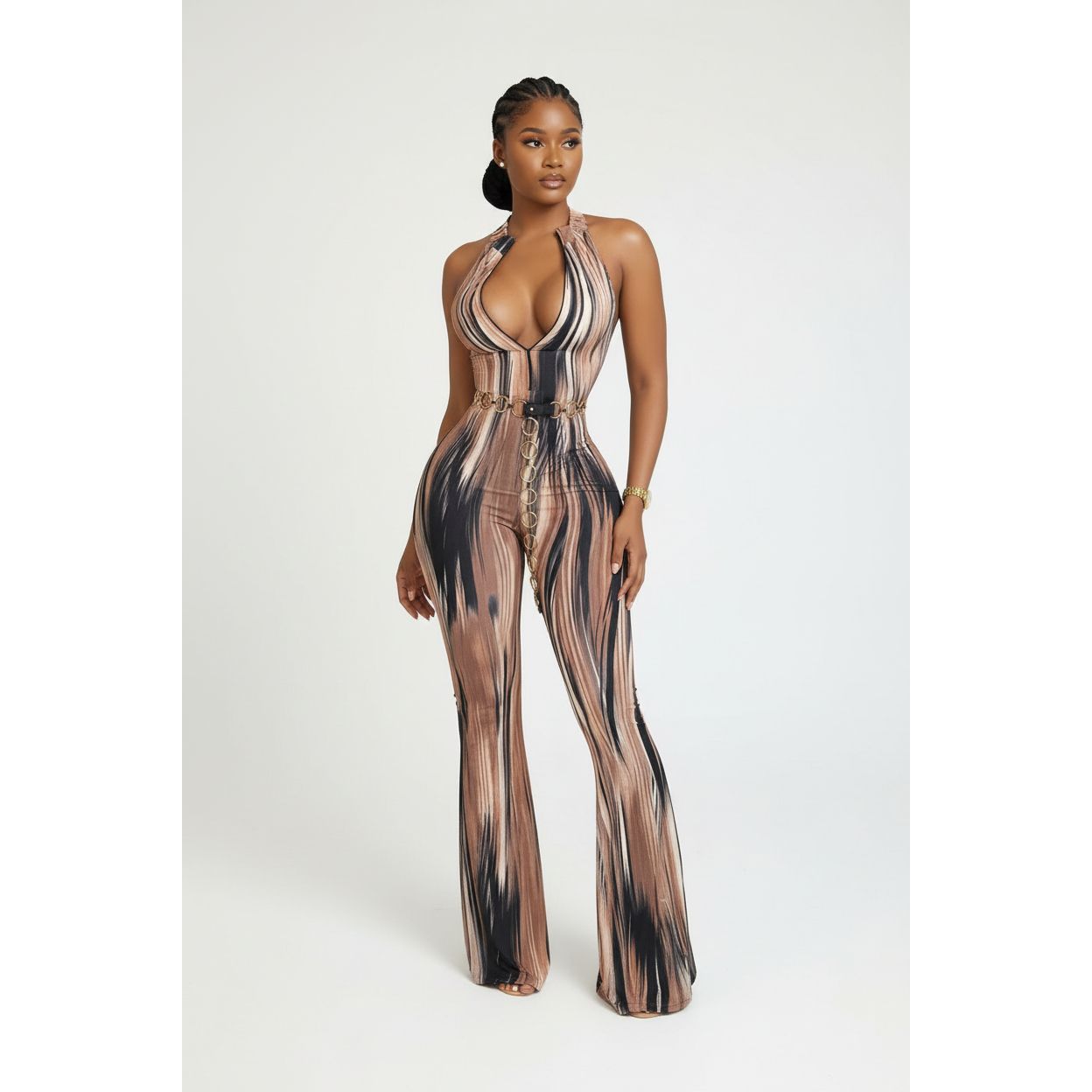 Halter Neck Zipper Graphic Printed Jumpsuits