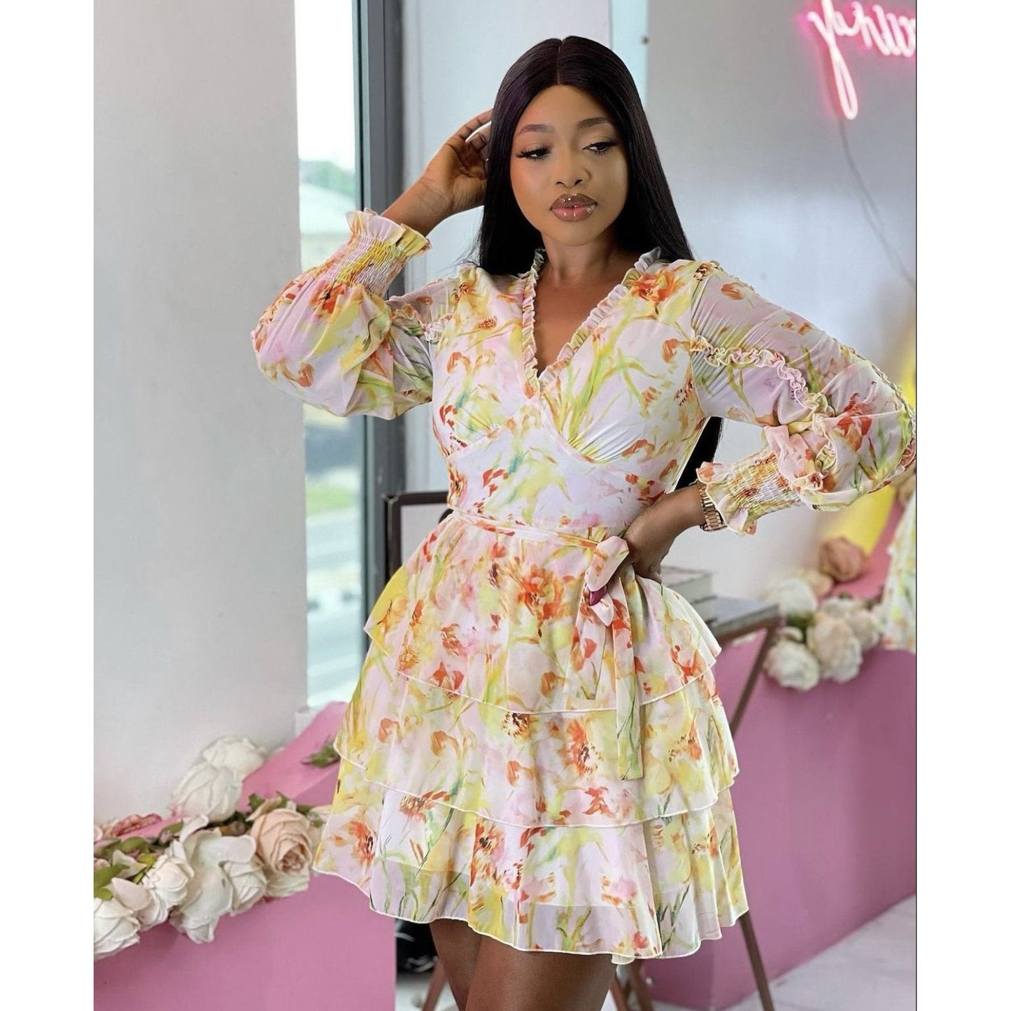 V-Neck Layered Floral Mini Dress